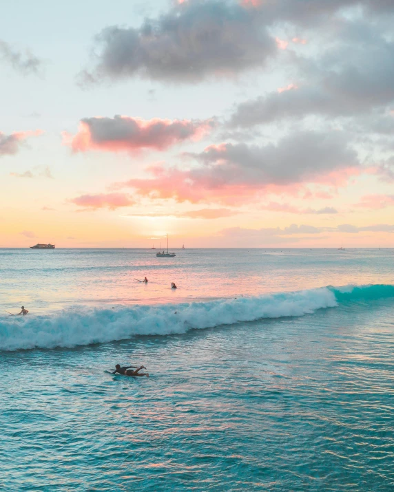 a group of people riding surfboards on top of a wave, pink skies, turquoise water, thumbnail, flatlay