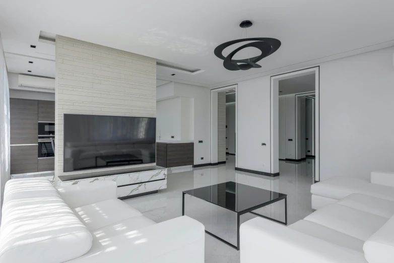 a living room filled with white furniture and a flat screen tv, inspired by Richard Wilson, minimalism, white marble interior photograph, v ray, glossy white metal, black + white