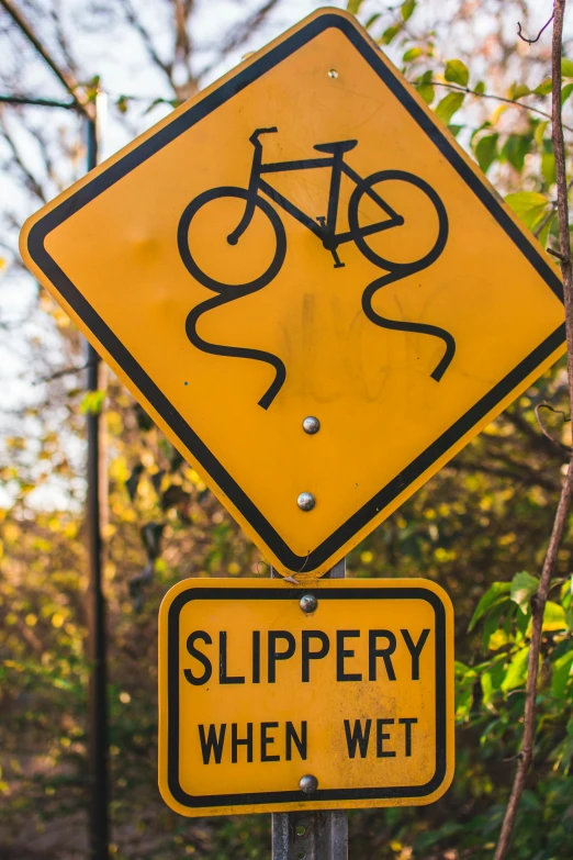 a yellow sign that says slippery when wet, by Harold Shapinsky, 🚿🗝📝, bicycles, snakes, slip n slide