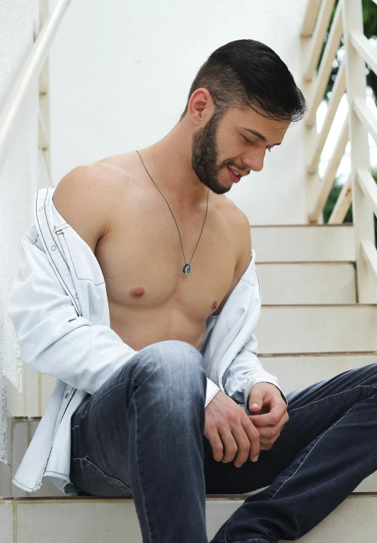 a shirtless man sitting on a set of stairs, by Adam Dario Keel, trending on reddit, belly button showing, 'white background'!!!, wearing a chain, profile image