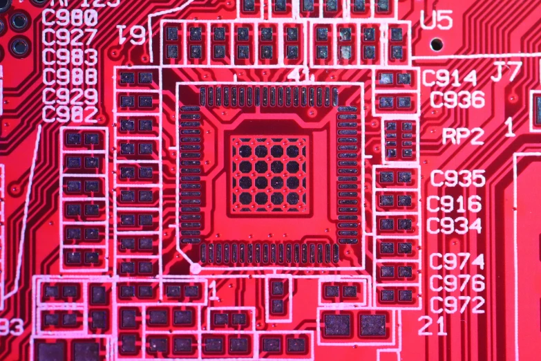 a close up of a computer mother board, by Anita Kunz, flickr, computer art, pink and red color scheme, 3 2 x 3 2, blood red background, prototype