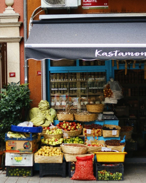 a fruit and vegetable stand in front of a store, by Kristian Zahrtmann, trending on unsplash, renaissance, istanbul, header text”, kramskoi, european palette