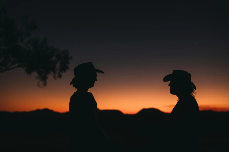 two men standing next to each other at sunset, by Lee Loughridge, pexels contest winner, australian tonalism, cowboys, profile pic, two women, profile image