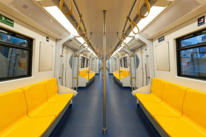 the inside of a subway car with yellow seats, by karlkka, unsplash contest winner, hypermodernism, blue theme and yellow accents, avatar image, hyperrealism photo, instagram photo