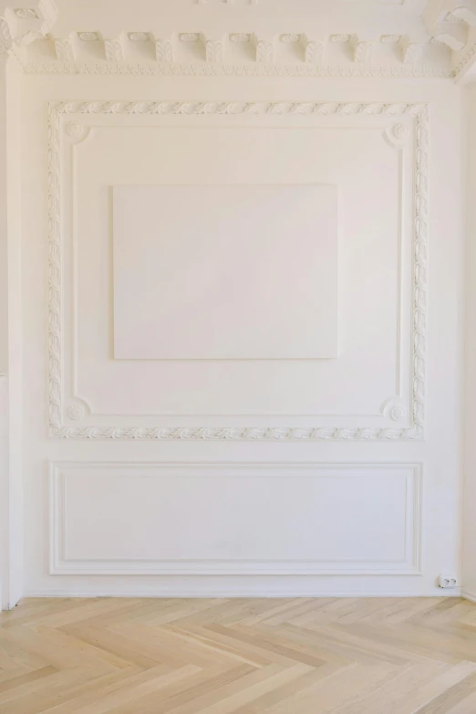 an empty room with a wooden floor and white walls, a minimalist painting, inspired by Rachel Whiteread, unsplash, baroque, 256x256, ornate painting, white background : 3, recessed