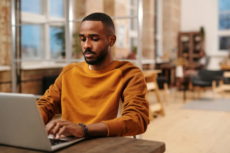a man sitting at a table using a laptop computer, trending on pexels, renaissance, he is wearing a brown sweater, jemal shabazz, thumbnail, professional shot