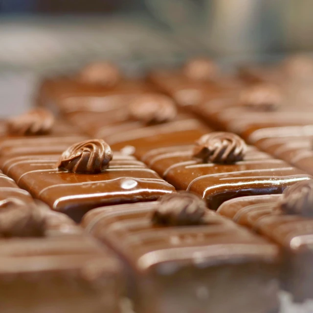 a close up of a tray of chocolates on a table, eating cakes, in a row, caparisons, caramel