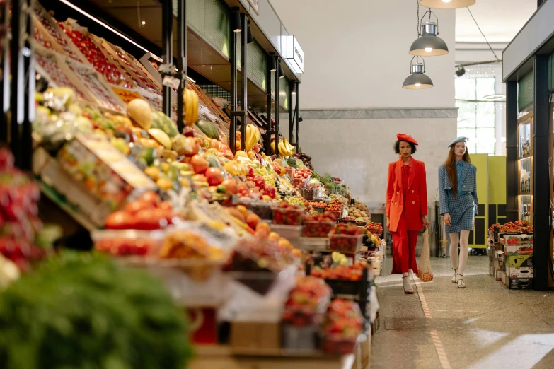 a couple of women standing next to each other in a store, by Julia Pishtar, pexels, hyperrealism, fruit and flowers, market in ancient rome, dressed in red paper bags, people walking around