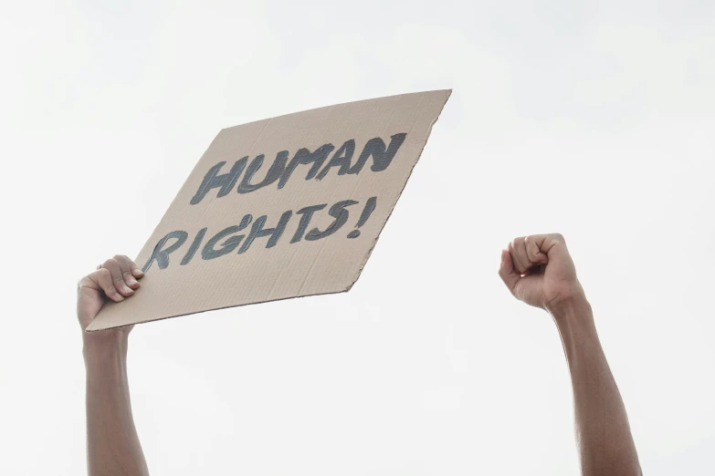 a person holding up a sign that says human rights, by Arabella Rankin, pixabay, hurufiyya, cardboard, background image, protest, profile image