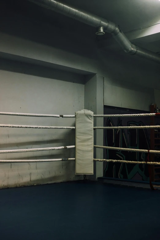 a close up of a boxing ring with ropes, an album cover, reddit, happening, panorama, museum photo, belts & velcro galore, sparse room