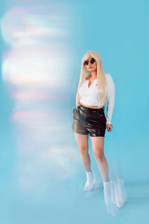 a woman in a white shirt and black leather shorts, an album cover, inspired by Ion Andreescu, trending on pexels, holography, cloud-like white hair, full body:: sunny weather::, devon cady-lee, promo photo