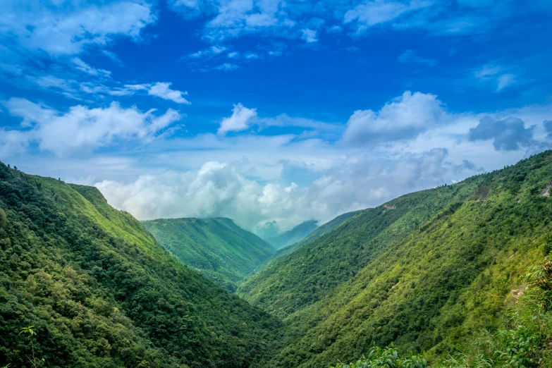 a view of the mountains from the top of a hill, pexels contest winner, les nabis, assam tea garden setting, avatar image, canyon, green and blue colors