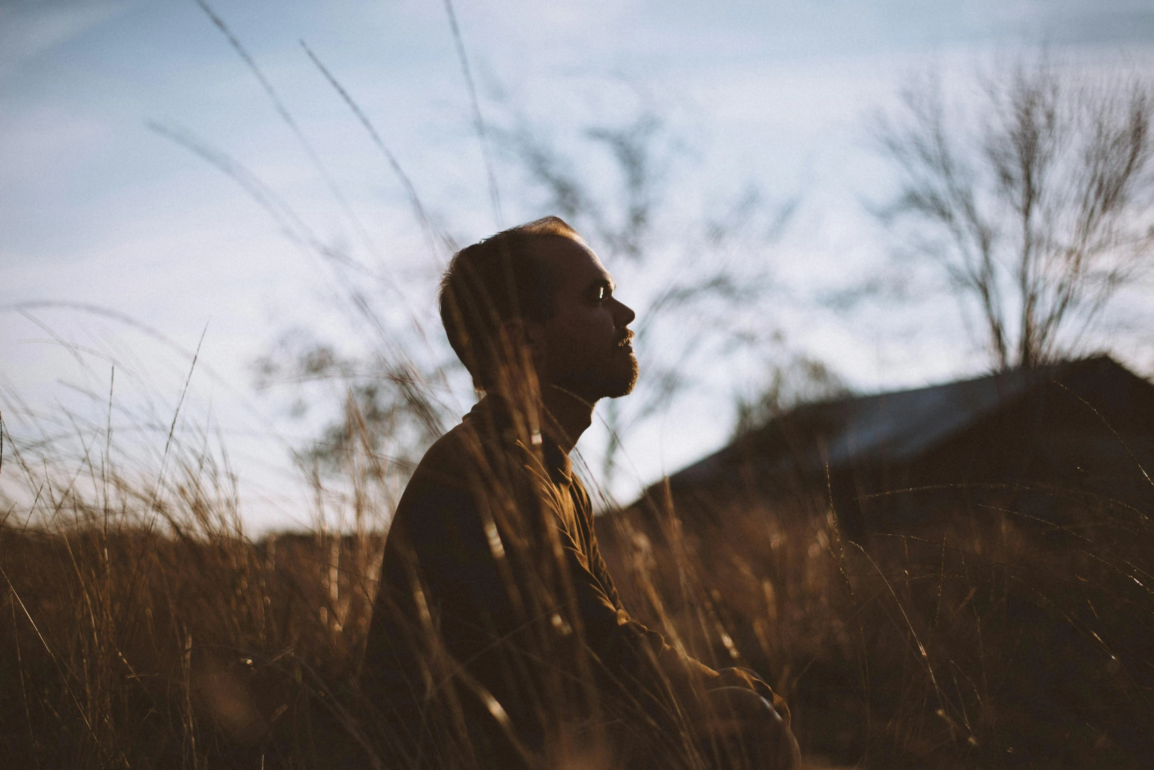 a man standing in a field of tall grass, pexels contest winner, sittin, side profile portrait, avatar image, brown