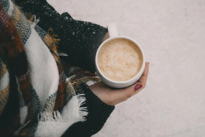 a close up of a person holding a cup of coffee, white snow, avatar image, chill vibes, profile image