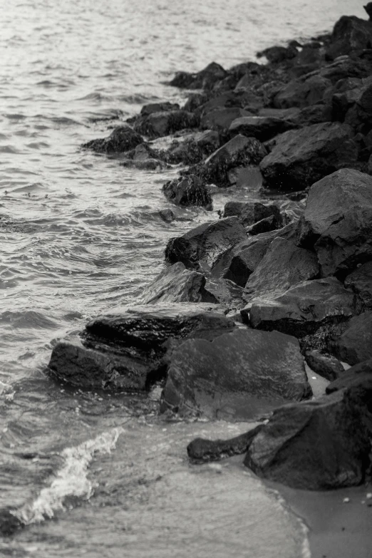 a black and white photo of a body of water, a black and white photo, unsplash, process art, jagged blocks of stone, early evening, concert, shoreline