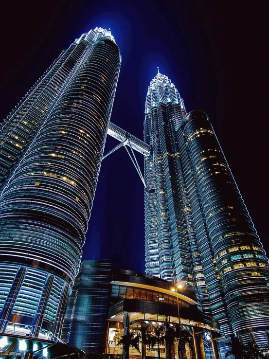 two tall buildings lit up at night, by Bernardino Mei, pexels contest winner, hurufiyya, malaysian, huge spines, profile picture, a pair of ribbed