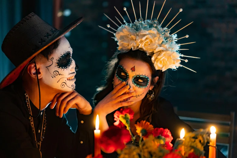 a man and a woman wearing day of the dead makeup, pexels contest winner, vanitas, fireworks, voodoo hat, promo image, romeo and juliet