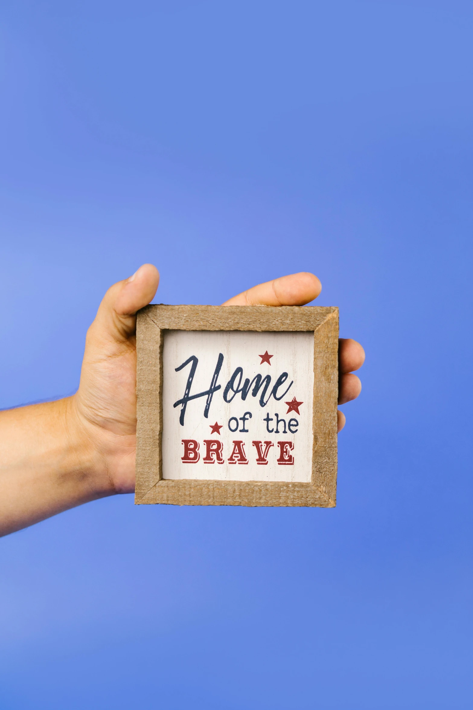 a person holding a sign that says home of the brave, a picture, pixabay, folk art, square, frame, navy, hero shot