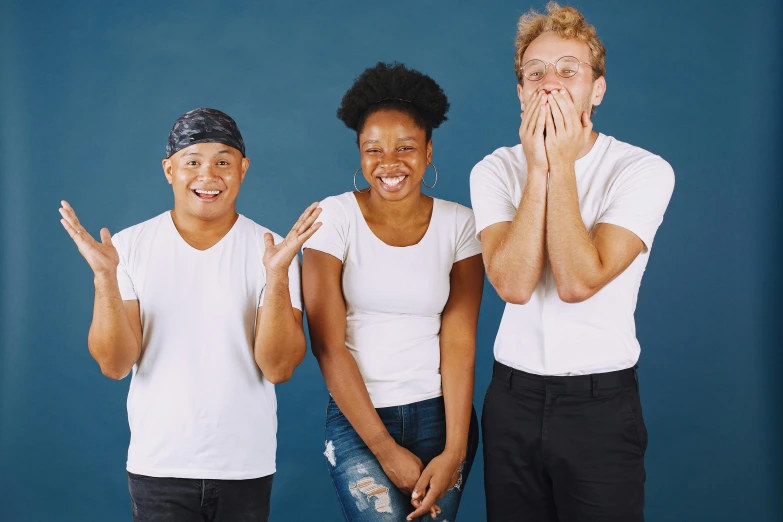 a group of three people standing next to each other, pexels contest winner, antipodeans, all overly excited, an all white human, 15081959 21121991 01012000 4k, blueish