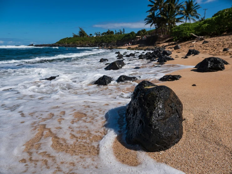 a large rock sitting on top of a sandy beach, maui, avatar image, fan favorite, black slime