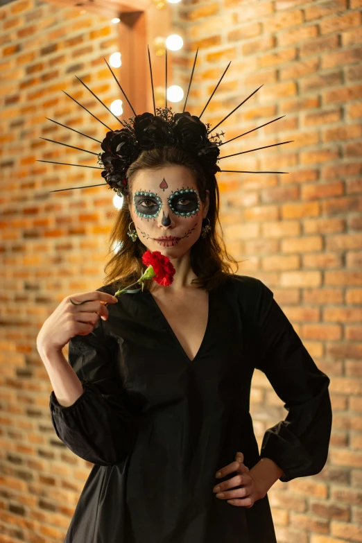 a woman in day of the dead makeup holding a rose, inspired by Kahlo, pexels contest winner, square, full-body, ilustration, holiday