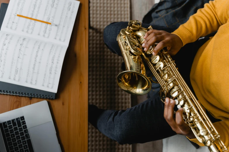 a person sitting on a couch playing a saxophone, trending on pexels, brass equipment and computers, schools, with notes, 🦩🪐🐞👩🏻🦳