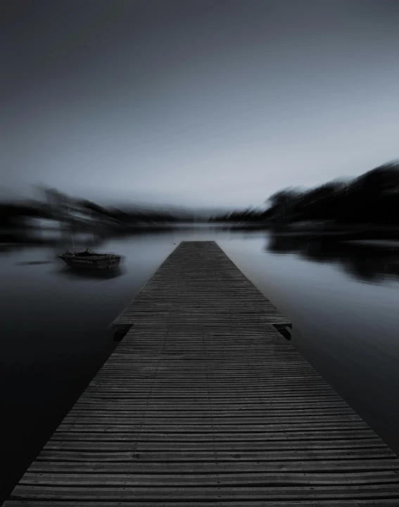 a dock in the middle of a body of water, inspired by Pierre Pellegrini, sparse dark atmosphere, album cover, 8k fine art photography, muted