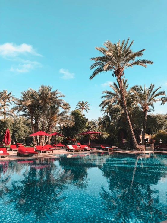 a large swimming pool surrounded by palm trees, pexels contest winner, red robes, 💋 💄 👠 👗, marrakech, thumbnail