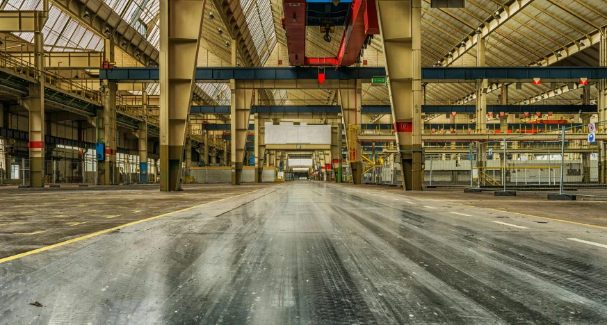 an empty industrial building with lots of windows, pexels contest winner, hyperrealism, shipyard, metal floor, thumbnail, big hall