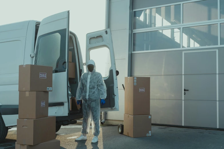 a man that is standing in front of a van, filling the frame, warehouses, avatar image, image