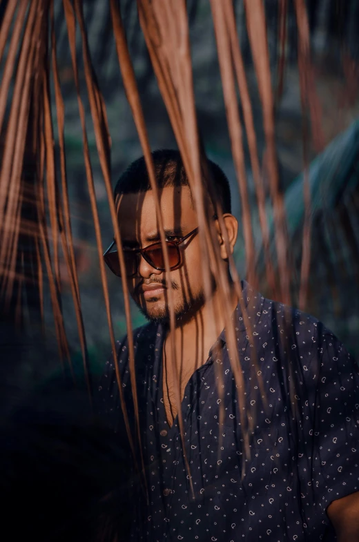 a man standing in front of a palm tree, an album cover, inspired by Byron Galvez, pexels contest winner, wearing gold glasses, moody dim lighting, profile image, sitting in a colorful forest