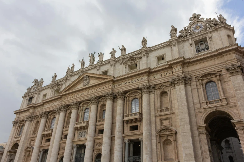 a group of people standing in front of a large building, a marble sculpture, by Cagnaccio di San Pietro, pexels contest winner, 2 5 6 x 2 5 6 pixels, crenellated balconies, christian saint, slide show