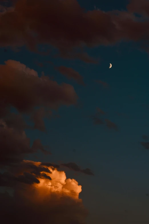 a plane flying in the sky with the moon in the background, a picture, unsplash, minimalism, orange clouds, paul barson, cumulus, nights