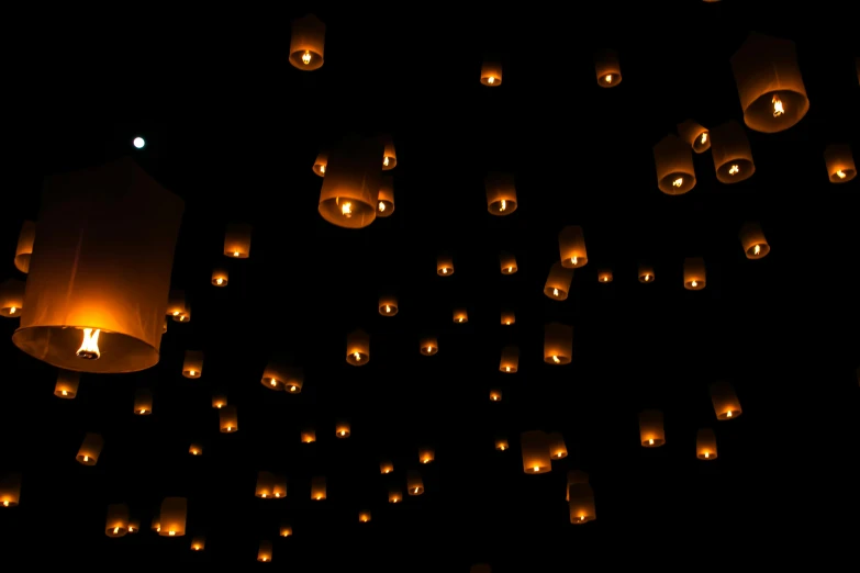 a bunch of lanterns floating in the air, pexels, light and space, eyes!, brown, floating in space, fireflys