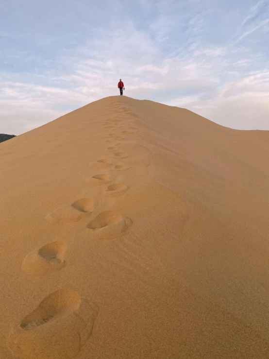 a person standing on top of a sand dune, footprints in the sand, 1km tall, nanquan, facing away from the camera