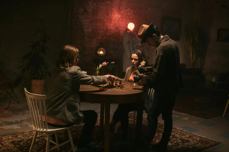 a group of people playing a game of chess, a portrait, by Daniel Lieske, pexels contest winner, in the john wick movie, playing poker in a saloon, spooky netflix still shot, musicians playing instruments