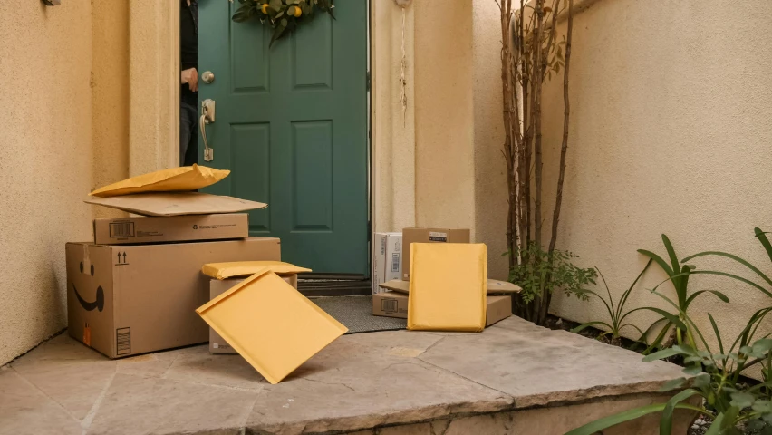 a bunch of boxes sitting on the steps of a house, private press, yellow, gold, ecommerce photograph, mid - action