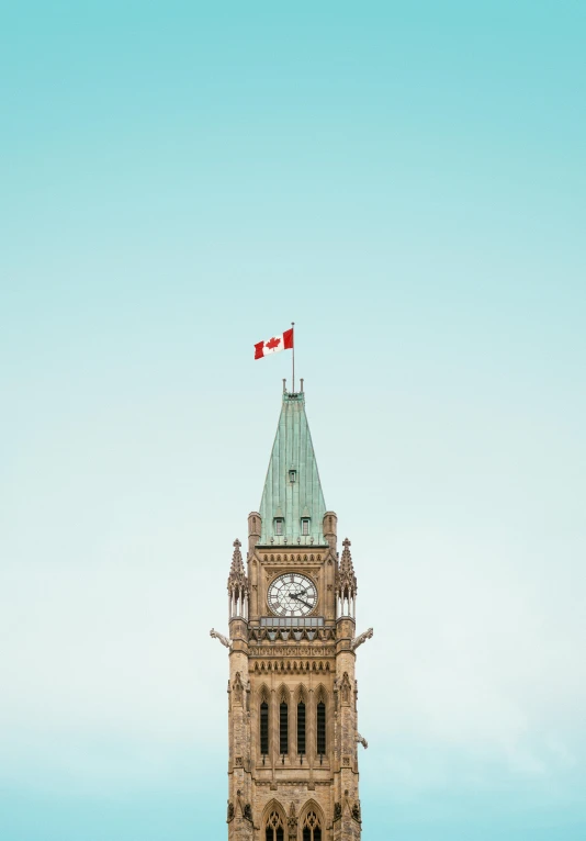 a clock tower with a flag on top of it, by Jason Felix, pexels contest winner, minimalism, canada, square, majestic spires, clemens ascher