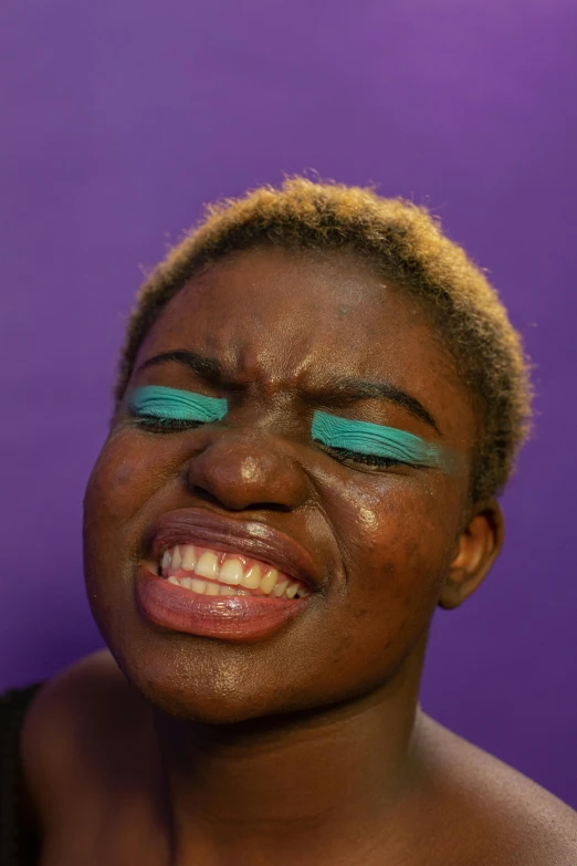 a close up of a person with makeup on, an album cover, by Stokely Webster, frustrated expression, teal skin, purple skin color, micro expressions