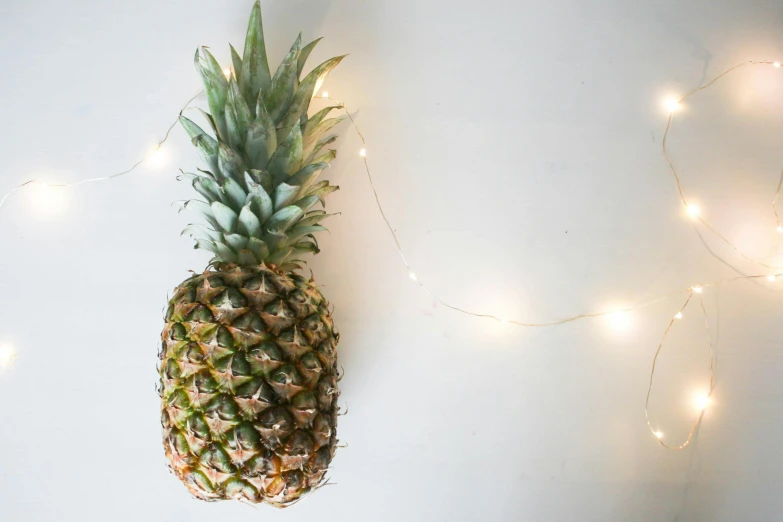 a pineapple sitting on top of a white table, inspired by Elsa Bleda, unsplash, string lights, hung above the door, fairy lights, white backdrop