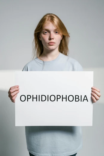 a woman holding a sign that says ophidphobia, shutterstock, antipodeans, on a gray background, atrophy, sadie sink, ohio