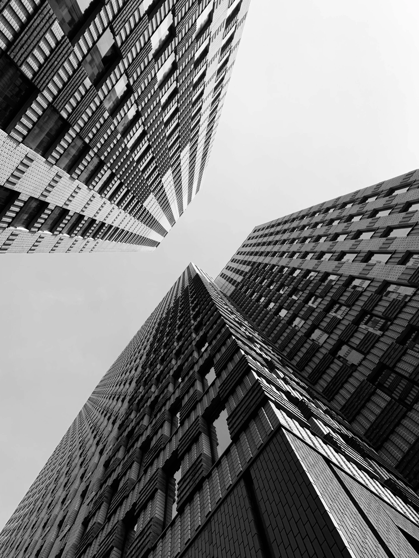 a black and white photo of tall buildings, by Adam Rex, trio, low angle!!!!, anna nikonova, square lines