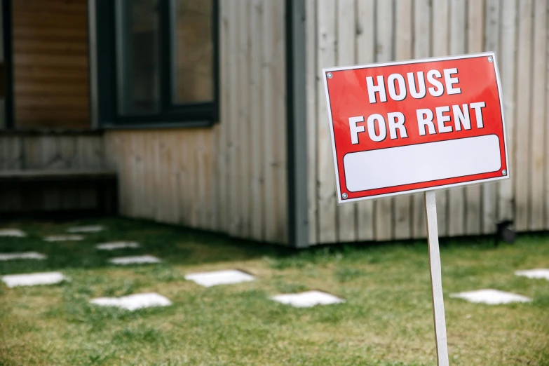 a house for rent sign in front of a house, by Rachel Reckitt, shutterstock, realism, square, brown, holding a red banner, 🚿🗝📝