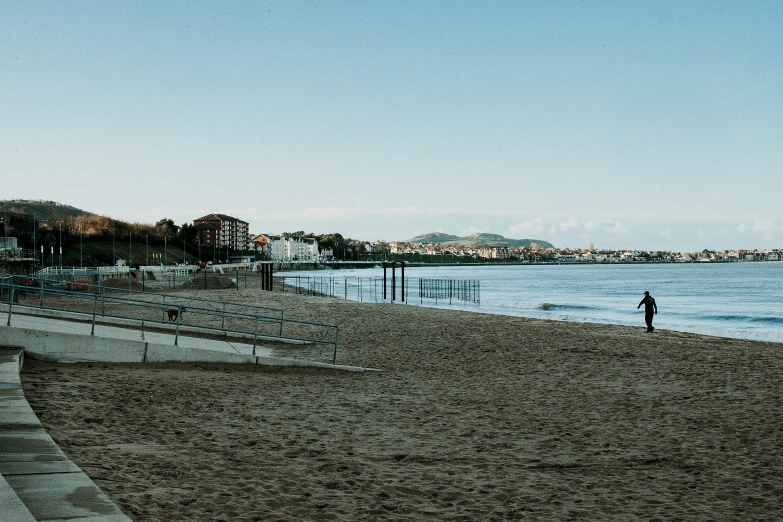 a person standing on a beach next to a body of water, people walking around, building in the distance, spanish, profile image