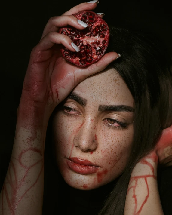 a woman with blood on her hands holding a pomegranate, trending on pexels, transgressive art, non binary model, ilustration, skin texture like a brain, stitches