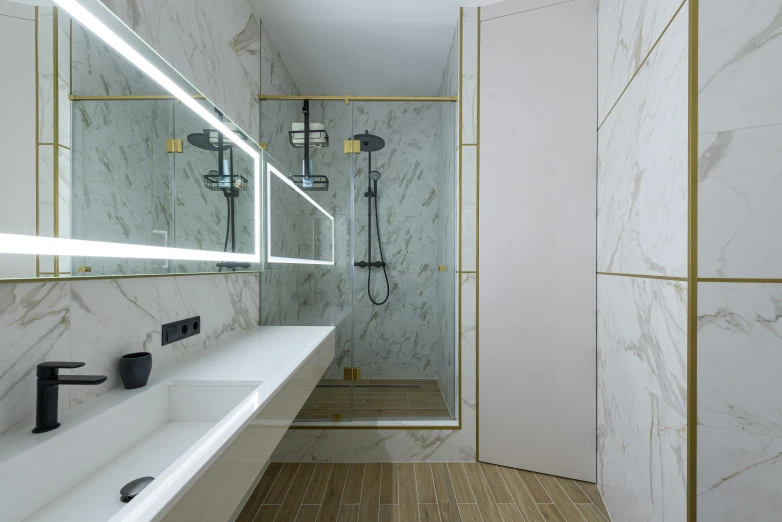 a bath room with a sink a mirror and a shower, inspired by Albert Paris Gütersloh, unsplash, intricate white and gold neon, greek white marble, modern minimalist f 2 0 clean, neo kyiv