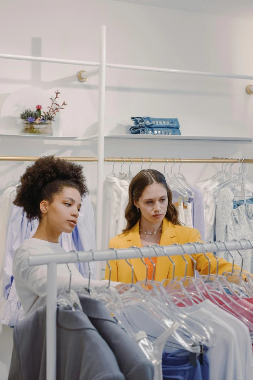 two women looking at clothes in a clothing store, trending on pexels, medium shot of two characters, inspect in inventory image, thumbnail, looking serious