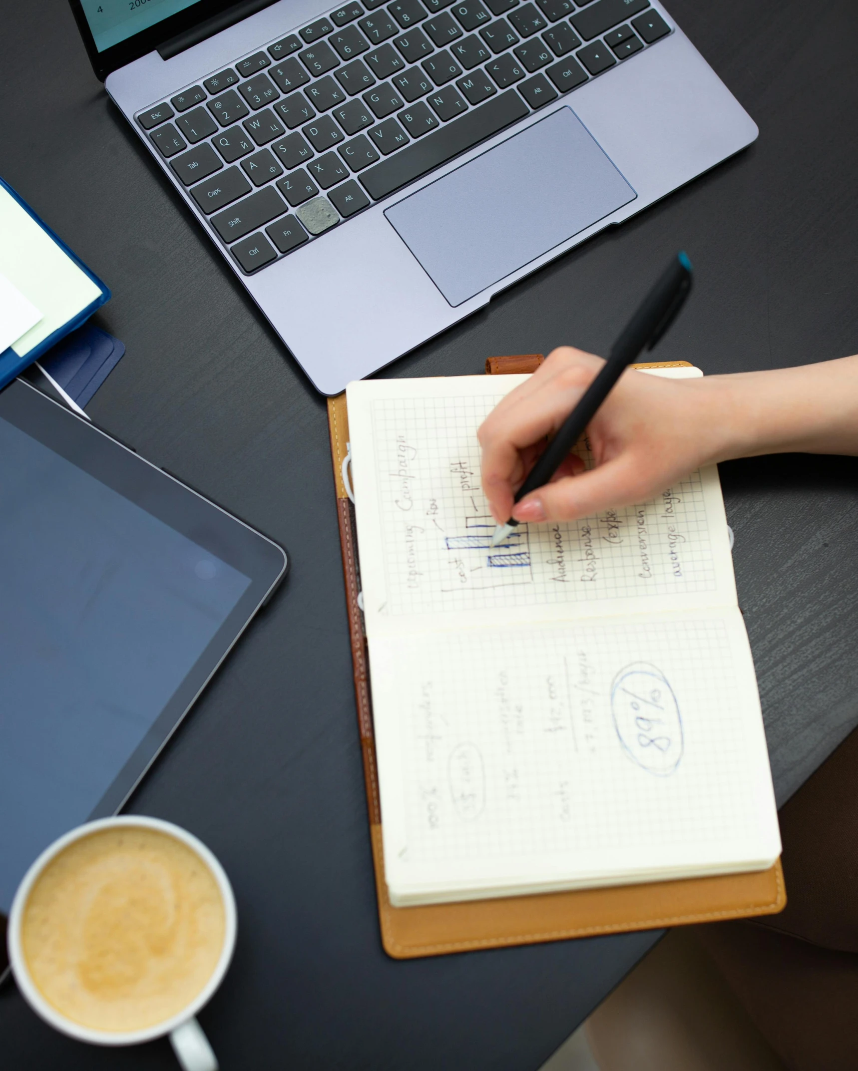 a person writing in a notebook next to a laptop and a cup of coffee, product image, lgbtq, leaked image, schools