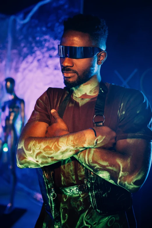 a man standing in front of a group of mannequins, cyberpunk art, inspired by David LaChapelle, afrofuturism, wearing an eyepatch, in a nightclub, ( ( dark skin ) ), holographic