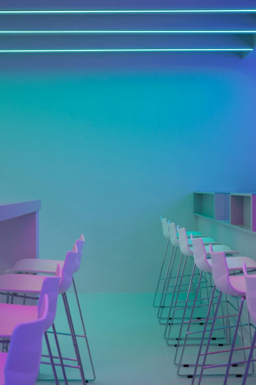 a room filled with lots of tables and chairs, a digital rendering, inspired by Reinier Nooms, trending on unsplash, light and space, gradient cyan to purple, subtle multicolored light, stools, gradient white blue green